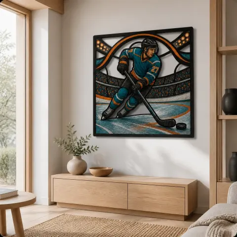 Vista alternativa de Jugador de Hockey sobre Hielo Patinando en la Arena Decoración Mural de Metal Colorida