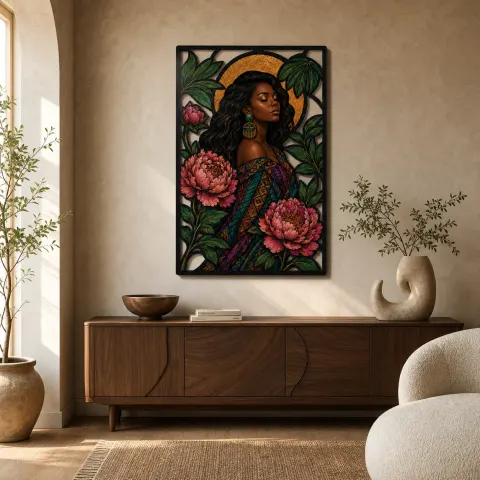 Mujer Afro con Peonías y Luna Celestial Arte Mural de Metal Colorido