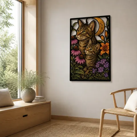 Vista alternativa di Gatta Tabby e Cucciolo nel Giardino di Fiori Insegna in Metallo Colorata