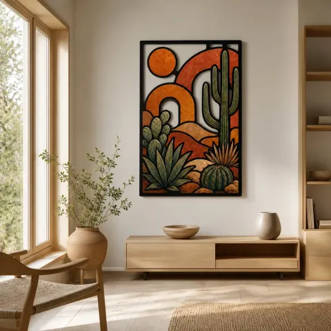 Vista alternativa de Cactus del Desierto de Media Edad con Sol Abstracto Decoración Mural de Metal Colorida