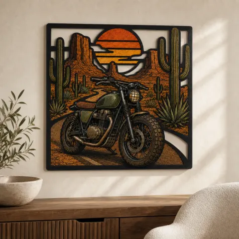 Motocicleta Scrambler en Carretera del Desierto al Atardecer Decoración Mural de Metal Colorida