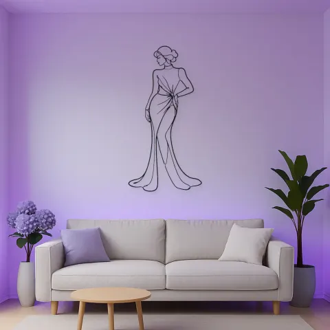 Hand auf Hüfte Satin Abendkleid Pose Metall-Wandkunst | Modefigur Wanddekoration alternative Ansicht