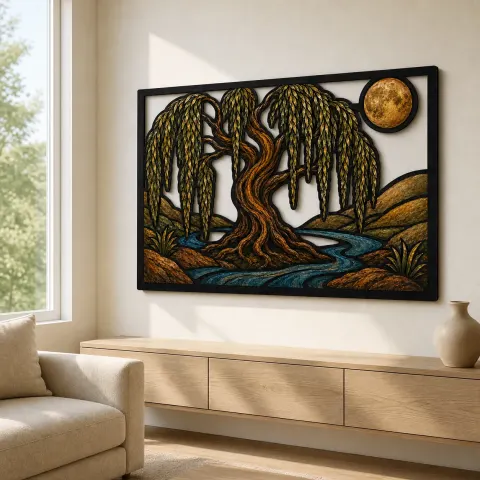 Vista alternativa de Árbol de Vida Sauce Junto al Río Serpenteante Cartel de Metal Colorido