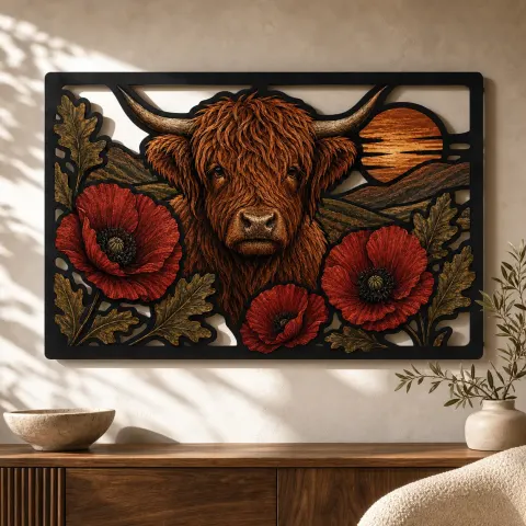 Vaca de las Tierras Altas con Amapolas Rojas y Hojas de Roble en Cartel de Metal Colorido