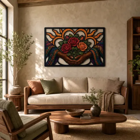 Mains Tenant un Bouquet de Roses à l'Intérieur d'un Cœur Décoration Murale en Métal Colorée