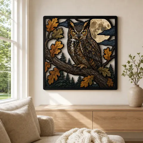 Vue alternative de Grand Hibou à Grandes Oreilles avec Feuilles de Chêne et Lune Décoration Murale en Métal Colorée