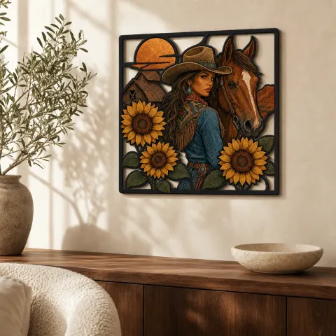 Cartel de metal colorido de vaquera con caballo, girasoles y granero del oeste