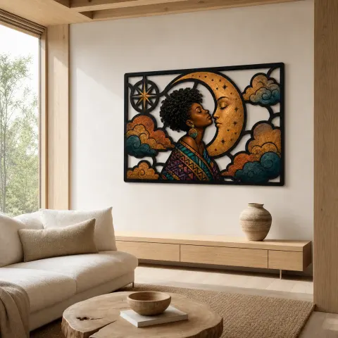 Vue alternative de Femme Afro Étreignant la Lune Croissante parmi les Nuages - Décoration Murale en Métal Colorée
