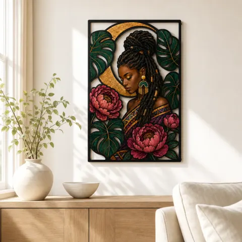 Vista alternativa de Mujer con Afro Trenzado con Peonías y Hojas de Monstera Decoración Mural de Metal Colorida