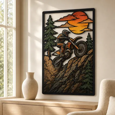 Vista alternativa de Piloto de motocross saltando en sendero de montaña - Arte mural de metal colorido