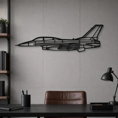 Vista alternativa di Silhouette di aereo F-16D in metallo, Insegna in metallo per aerei, Decorazione da parete aviatore