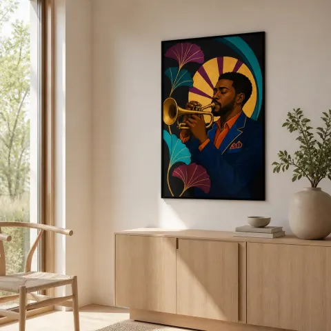 Vista alternativa de Músico de Jazz Negro con Trompeta en Estilo Art Deco Decoración Mural de Metal Colorida