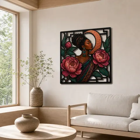 Vista alternativa de Mujer Afro con Peonías Rosadas y Luna de Cobre Arte Mural de Metal Colorido