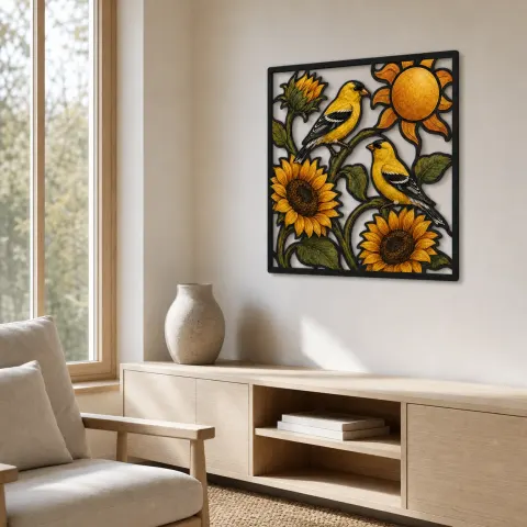 Vista alternativa de Pareja de Jilgueros con Girasoles y Sol Dorado Decoración Mural de Metal Colorida