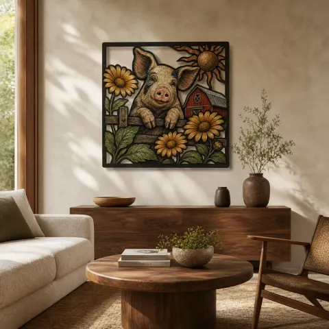 Cochon Heureux avec des Marguerites et une Grange de Ferme Décoration Murale en Métal Colorée