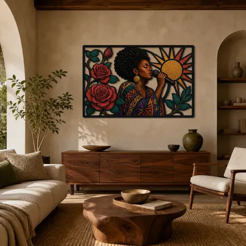 Chanteuse Afro Soul avec Roses et Soleil Radieux - Décoration Murale en Métal Colorée