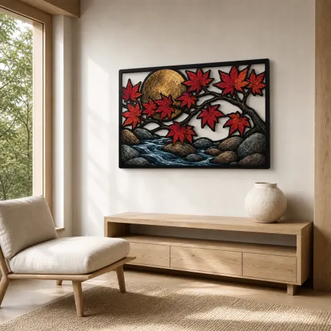 Vista alternativa di Ramo di Acero Rosso sopra il Torrente di Loto e Luna Piena Insegna in Metallo Colorata