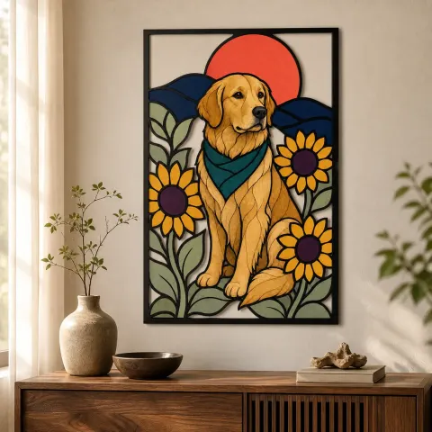 Golden Retriever con Girasoles y Sol Rojo Decoración Mural de Metal Colorida