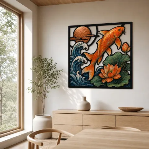 Vista alternativa de Koi Naranja Saltando a Través de Olas y Lotos Decoración Mural de Metal Colorida