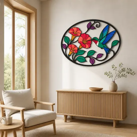 Vista alternativa de Colibrí con Flores Trompeta en Marco Ovalado Decoración Mural de Metal Colorida