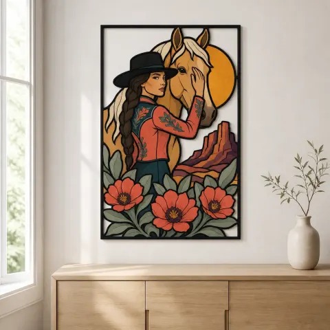Vista alternativa de Cartel de metal colorido de vaquera con caballo palomino y amapolas del desierto