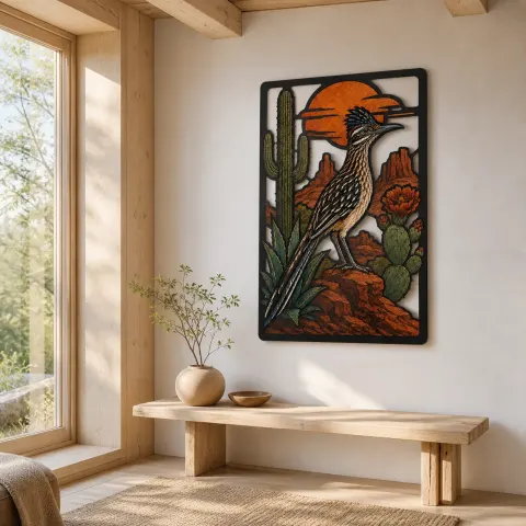 Vista alternativa di Roadrunner con Cactus nel Tramonto del Deserto Insegna in Metallo Colorata