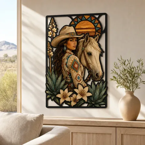 Vista alternativa de Cartel de metal colorido de vaquera con caballo palomino y lirios del desierto