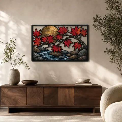 Ramo di Acero Rosso sopra il Torrente di Loto e Luna Piena Insegna in Metallo Colorata