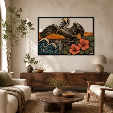 Pelícano junto a Olas del Océano con Flores de Hibisco Decoración Mural de Metal Colorida