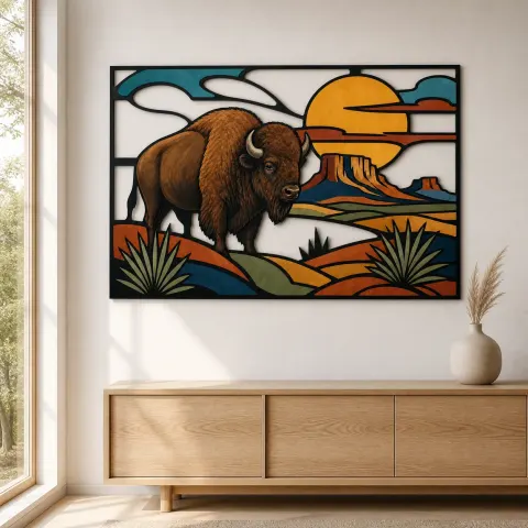 Vista alternativa de Bisonte en el desierto del suroeste bajo el sol de cobre Decoración mural de metal colorida