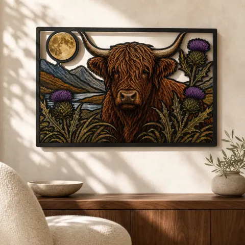 Vaca de las Tierras Altas con Cardos Escoceses y Luna Llena en Cartel de Metal Colorido