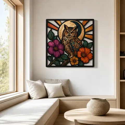 Vue alternative de Grand Hibou à Grandes Oreilles avec Hibiscus et Lune Radieuse Décoration Murale en Métal Colorée