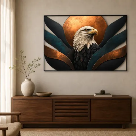 Retrato de Águila Calva con Sol de Cobre Abstracto Decoración Mural de Metal Colorida