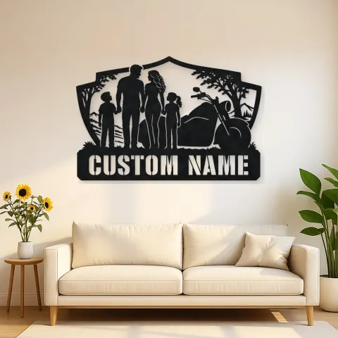 Personalized Family of Four Motorcycle Landscape Metal Wall Art
