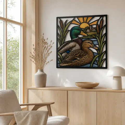 Vista alternativa de Pareja de patos silvestres junto a un tranquilo estanque de granja Decoración mural de metal colorida