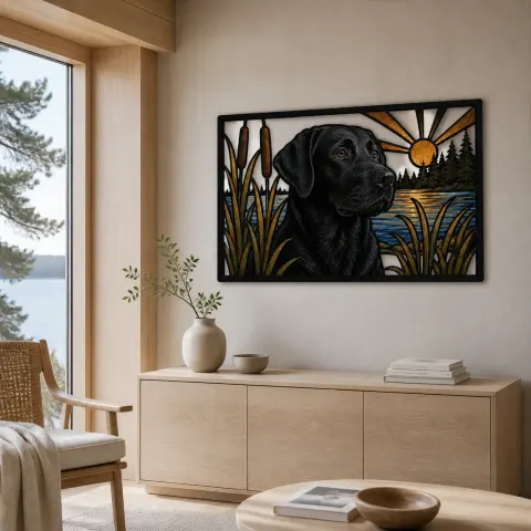 Vista alternativa de Labrador Negro Junto al Lago con Juncos al Amanecer Decoración Mural de Metal Colorida