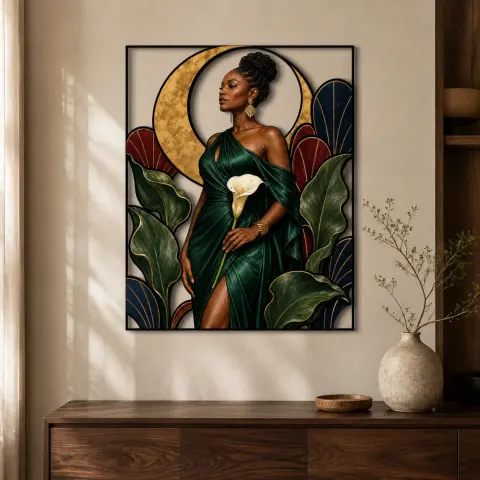 Mujer negra elegante en vestido verde con lirios - Arte mural de metal colorido