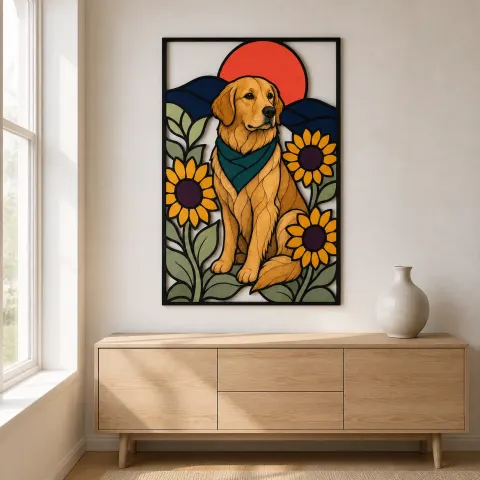 Vista alternativa de Golden Retriever con Girasoles y Sol Rojo Decoración Mural de Metal Colorida