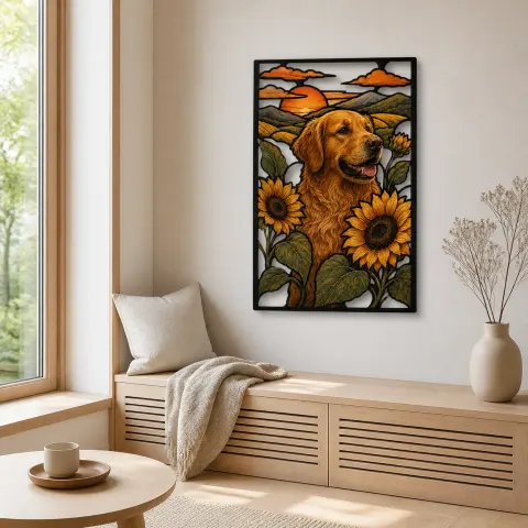 Vista alternativa de Golden Retriever con Girasoles al Atardecer Decoración Mural de Metal Colorida