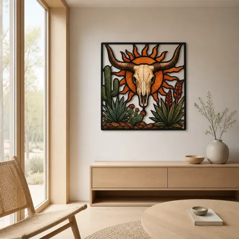 Vista alternativa de Cabeza de toro Longhorn con cactus y sol radiante Decoración mural de metal colorida