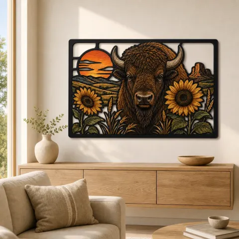 Vista alternativa de Bisonte con girasoles en paisaje occidental Decoración mural de metal colorida