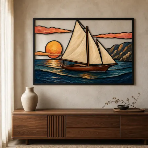 Velero en Lago Montañoso al Atardecer Decoración Mural de Metal Colorida