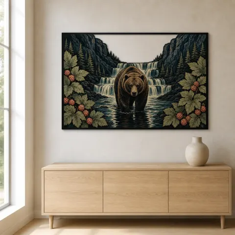 Vista alternativa de Oso Pardo de Pie en Cascada de Montaña Decoración Mural de Metal Colorida