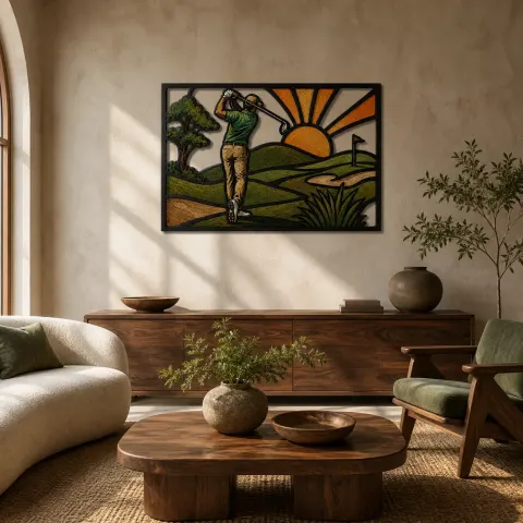 Golfista Preparándose para Jugar en Campo Verde Rodante Decoración Mural de Metal Colorida
