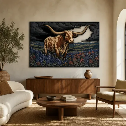 Longhorn del Texas nel Campo di Bluebonnet sotto Nuvole Tempestose Insegna in Metallo Colorata