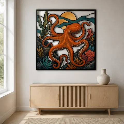 Vista alternativa de Pulpo Naranja con Coral bajo la Luna de Cobre Decoración Mural de Metal Colorida