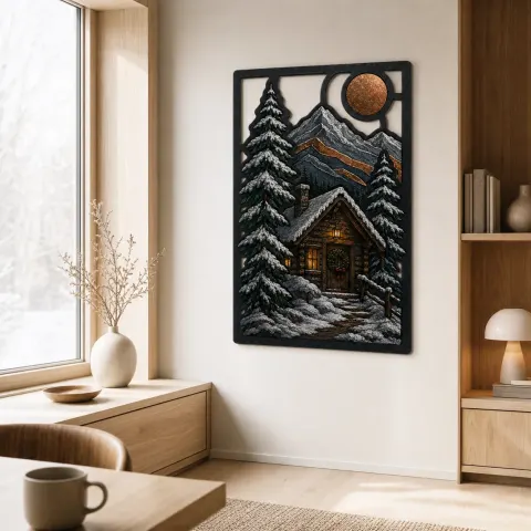 Vista alternativa de Cabaña Invernal Nevada en Montañas bajo la Luna Llena Decoración Mural de Metal Colorida