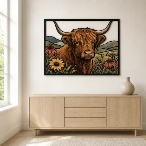 Vista alternativa de Vaca de las Tierras Altas con Flores de Pradera Coloridas en Cartel de Metal