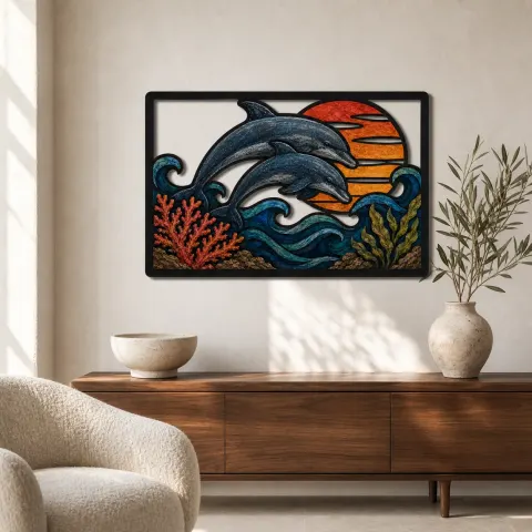 Arte Mural de Metal Colorido de Dos Delfines sobre Olas del Océano al Atardecer