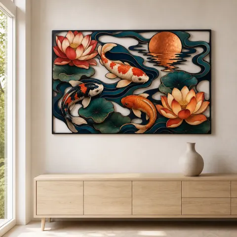 Vista alternativa de Colorido Estanque de Koi con Flores de Loto y Luna Cartel de Metal